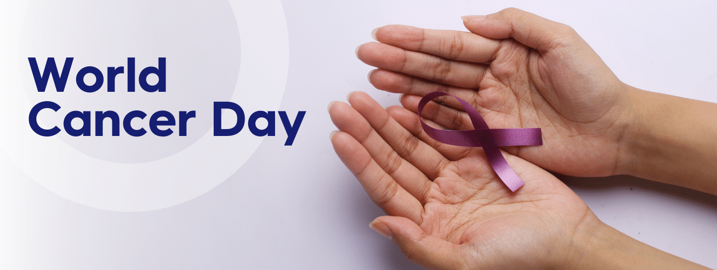Hands holding a purple ribbon for cancer day with the 'World Cancer Day' text on the left side.